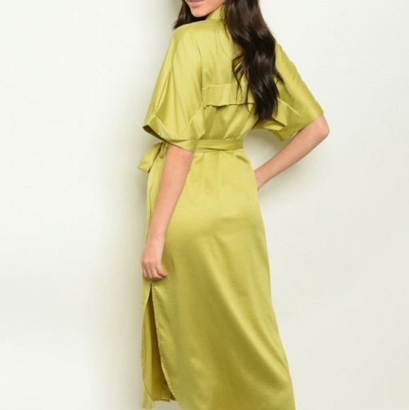 TEA & CUP LIME COLLAR BUTTON DOWN BELT TUNIC MAXI SHIRT LINEN DRESS - Picture 2 of 5